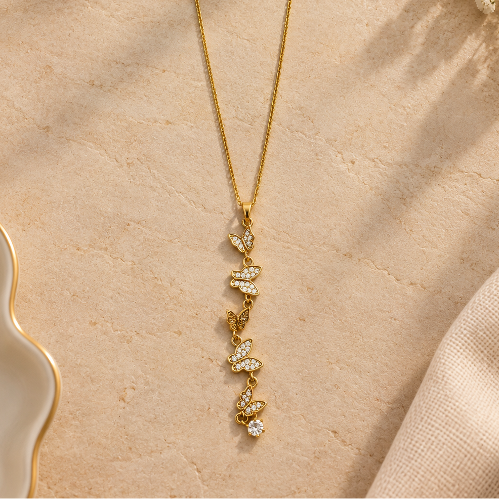 Crystal Butterfly Cascade Gold Necklace