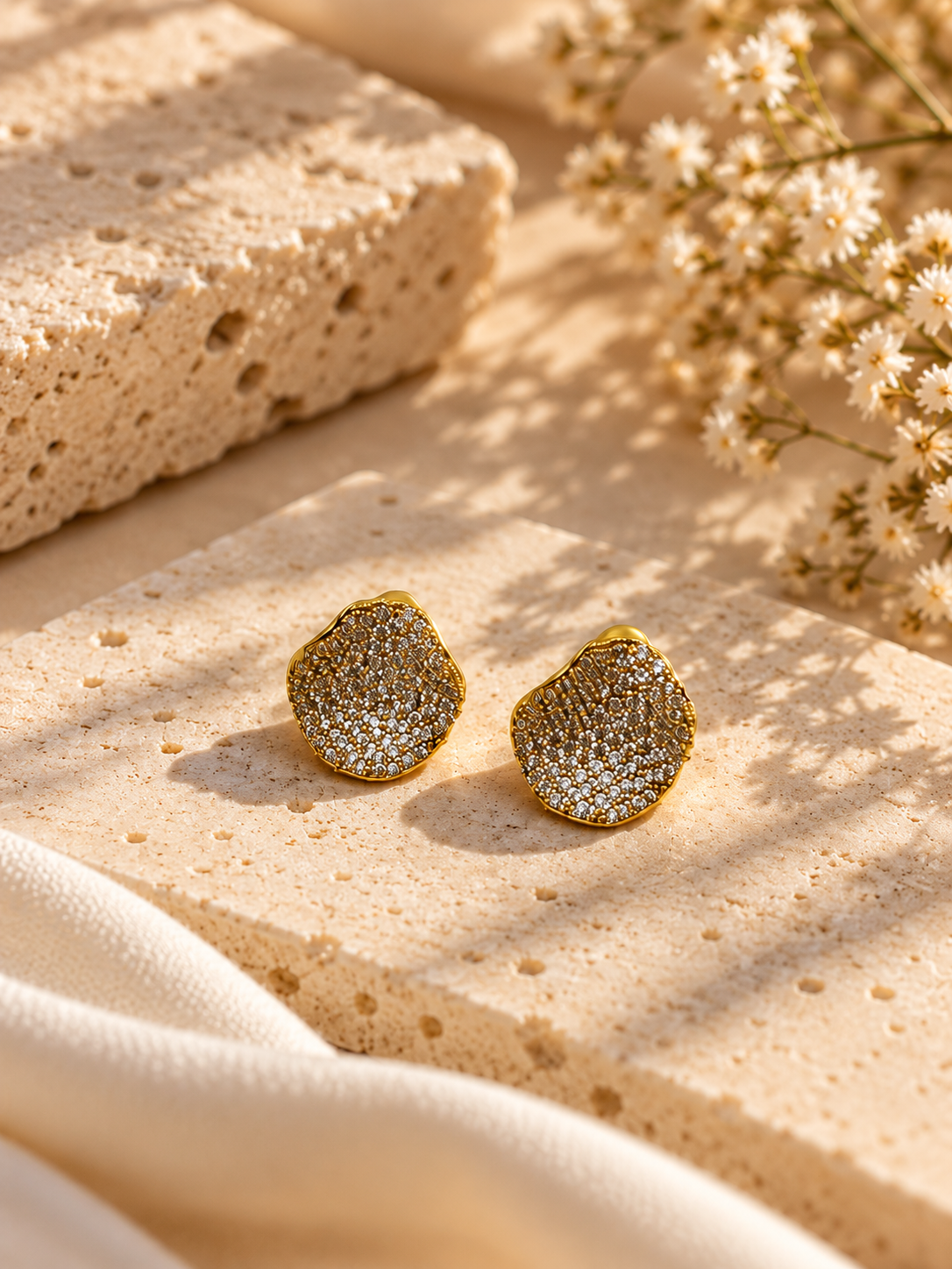 Gold Pave Petal Stud Earrings