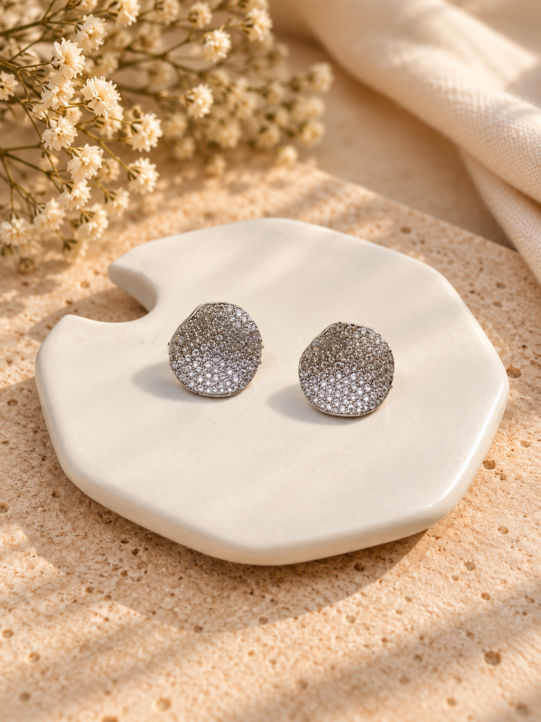 Silver Pave Petal Stud Earrings