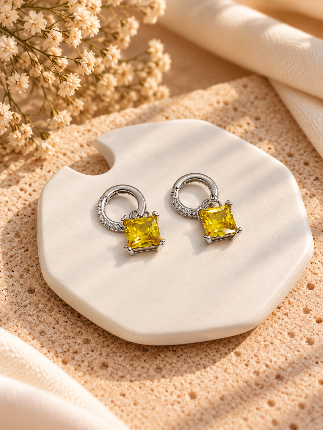 Soleil Yellow Square Drop Huggie Earrings