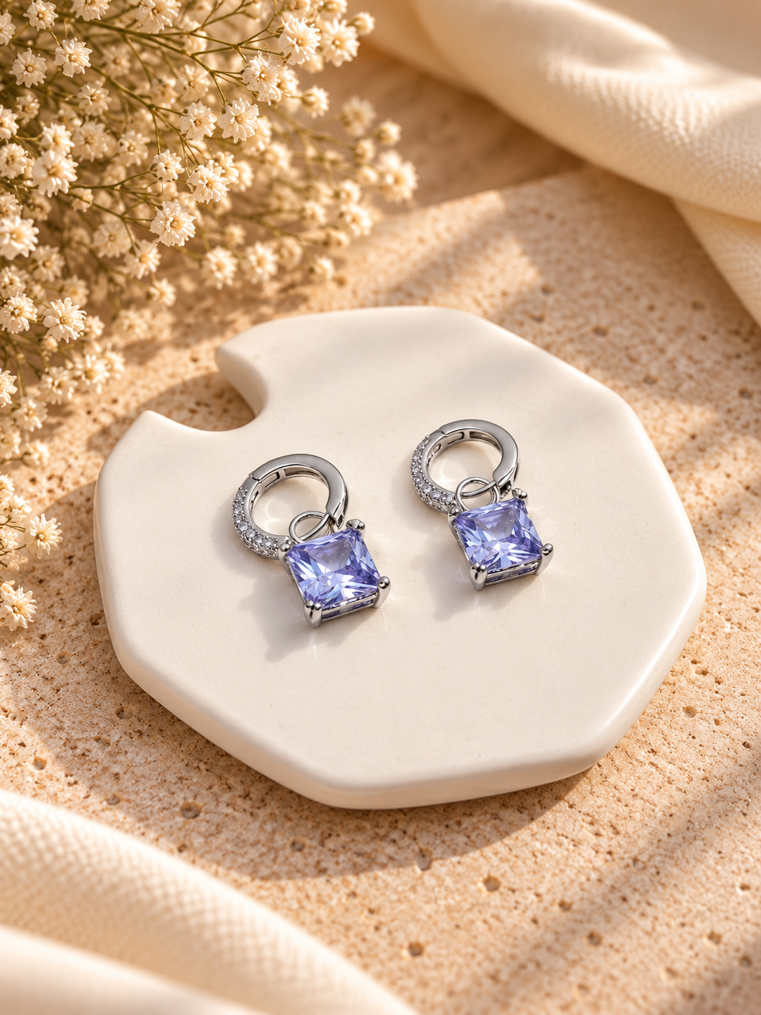 Lilac Lumière Square Drop Huggie Earrings