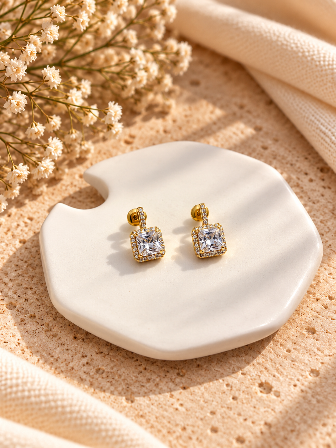 Celeste Square Halo Drop Earrings