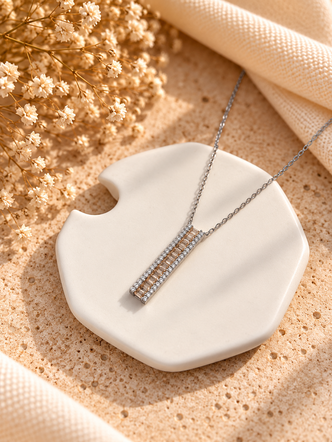 Beige Line Baguette Pendant Necklace