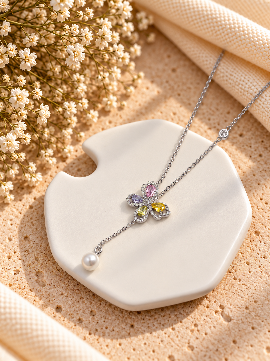 Multicolor Butterfly Pearl Drop Necklace