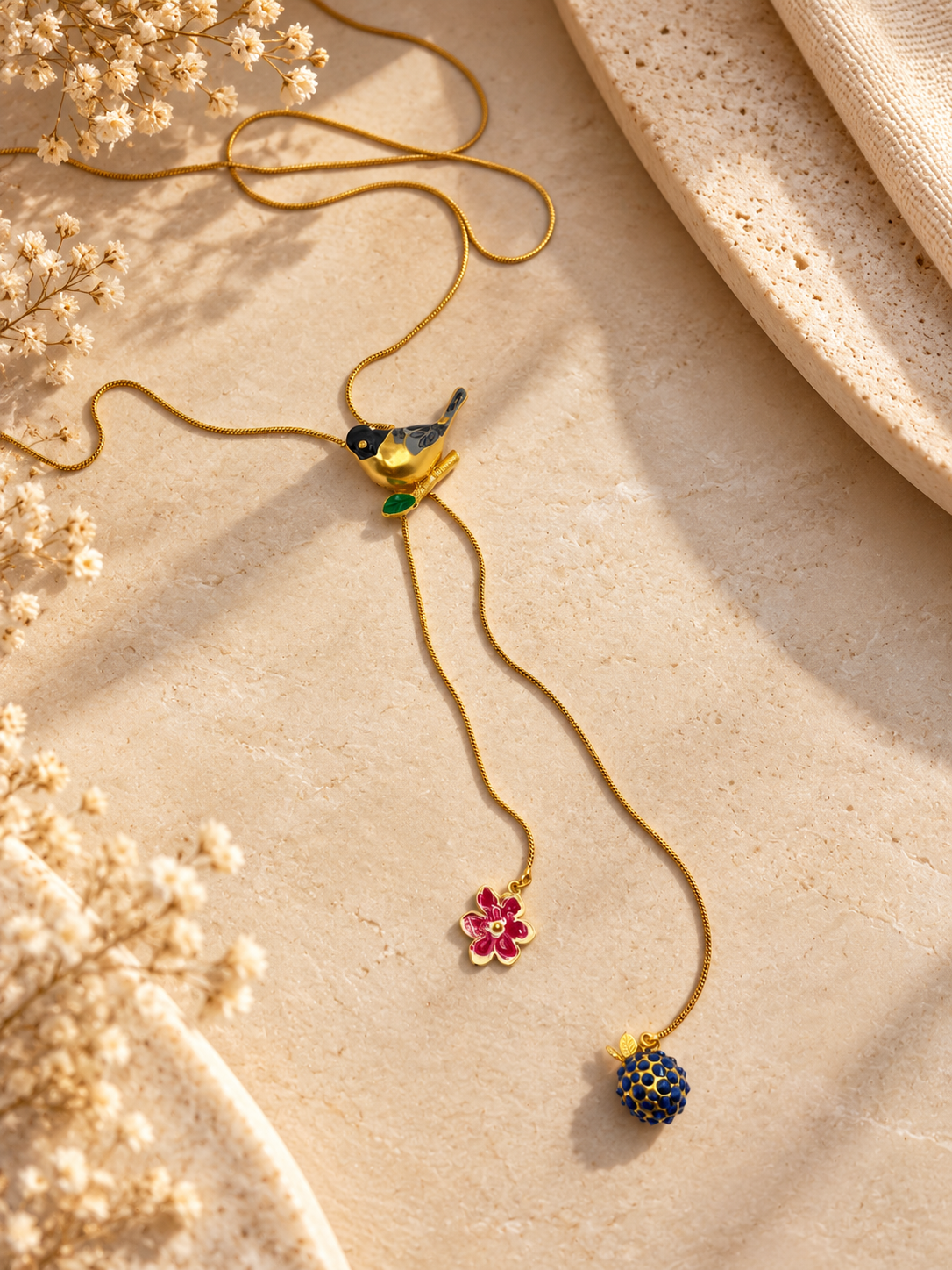 Whimsical Bird & Bloom Lariat Necklace