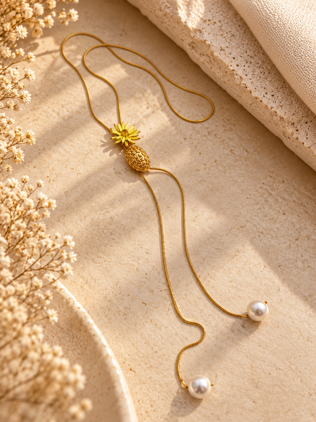Golden Pineapple Pearl Lariat Necklace