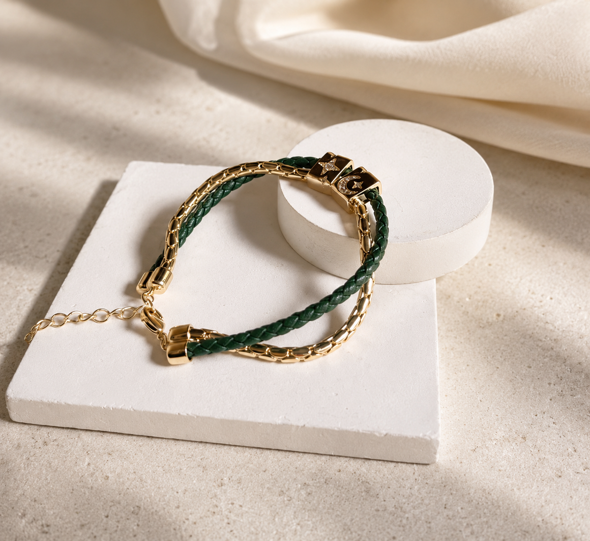 Leather Chain Green Enamel Bracelet