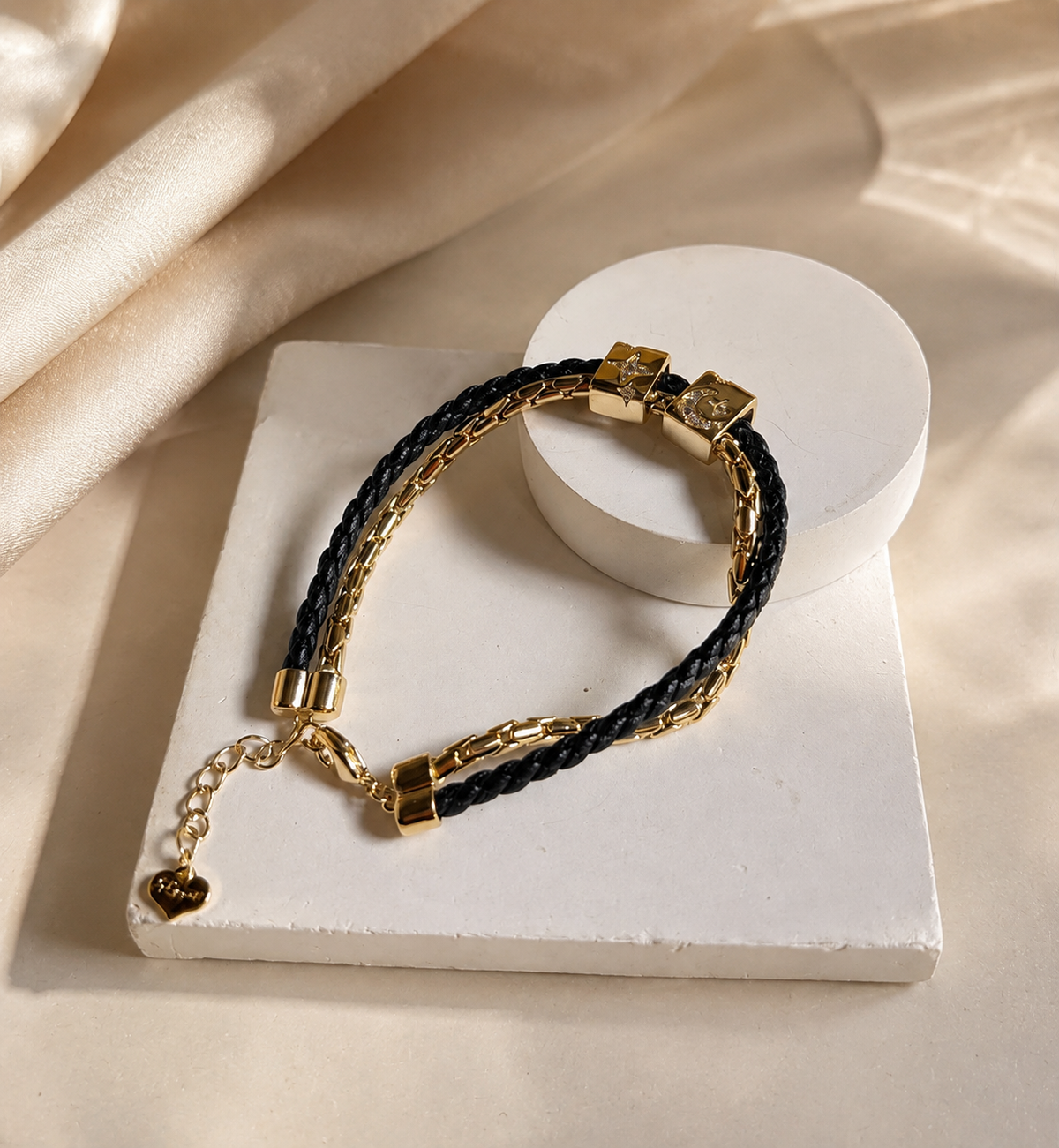 Leather Chain Black Enamel Bracelet