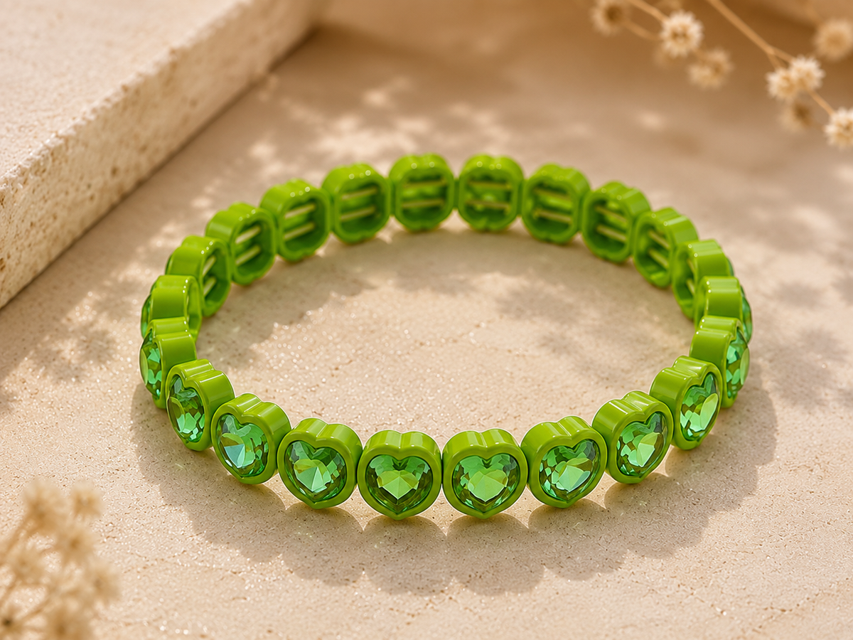 Heart Elastic Green Enamel Bracelet
