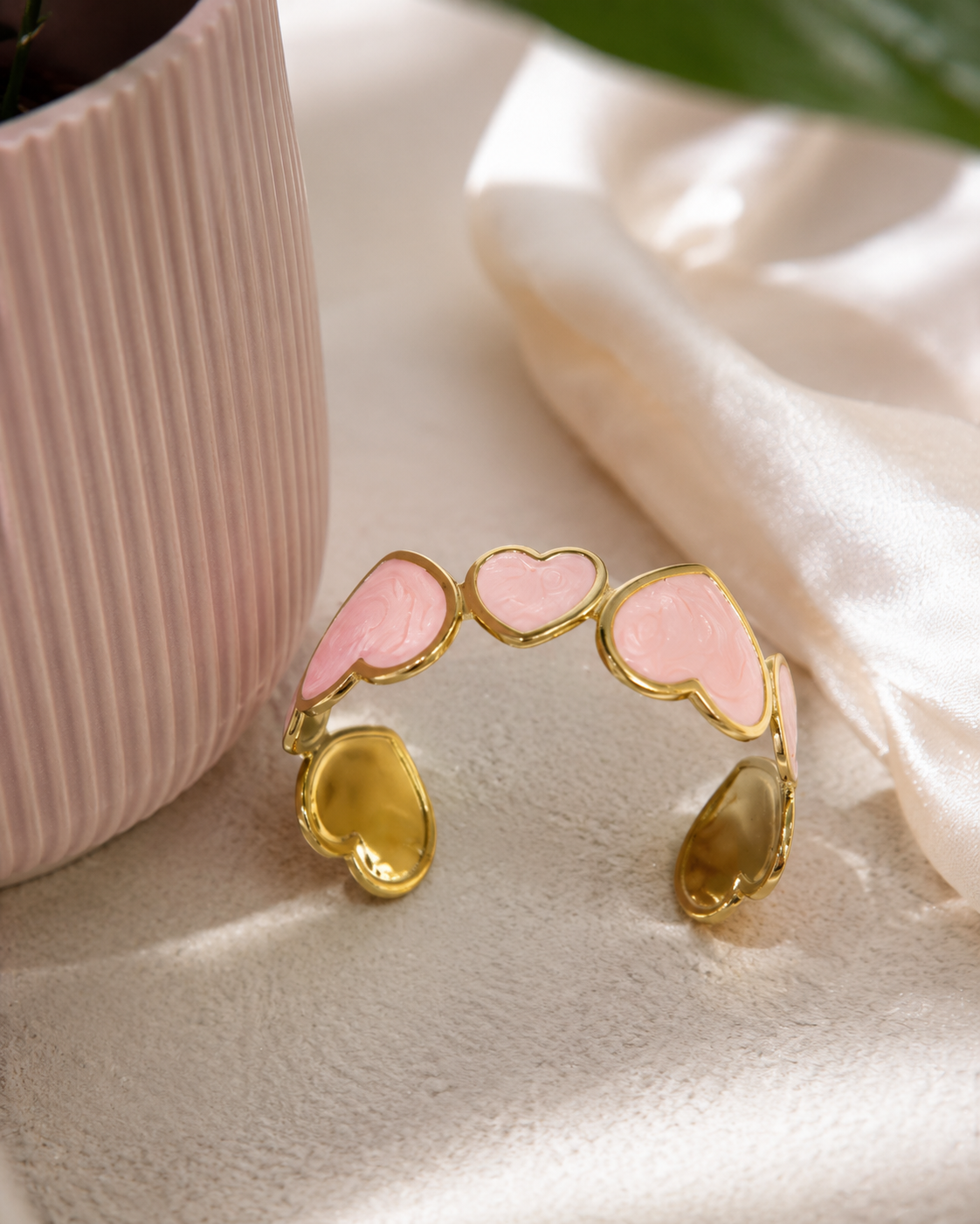 Heart Enamel Cuff Pink Bracelet