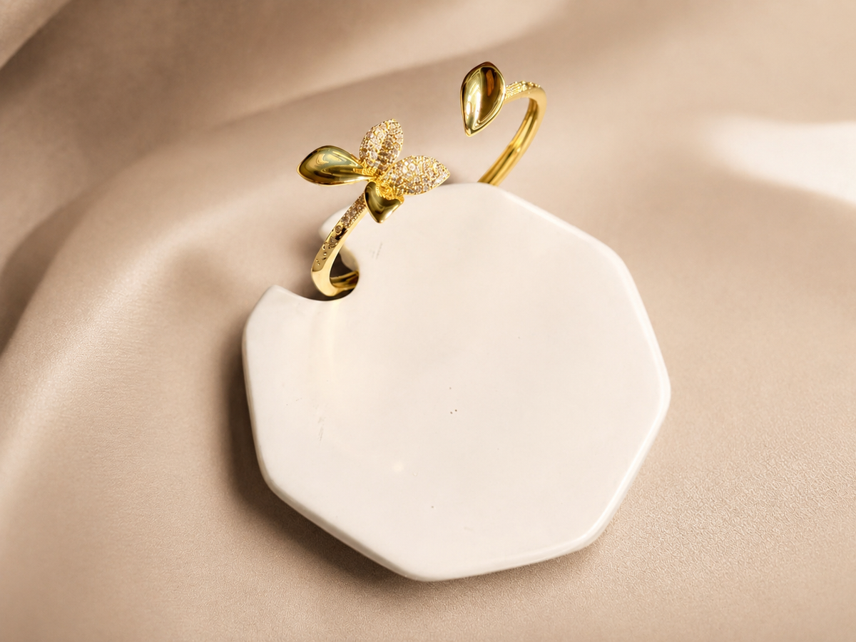 Gold Floral Design Open Cuff Bracelet