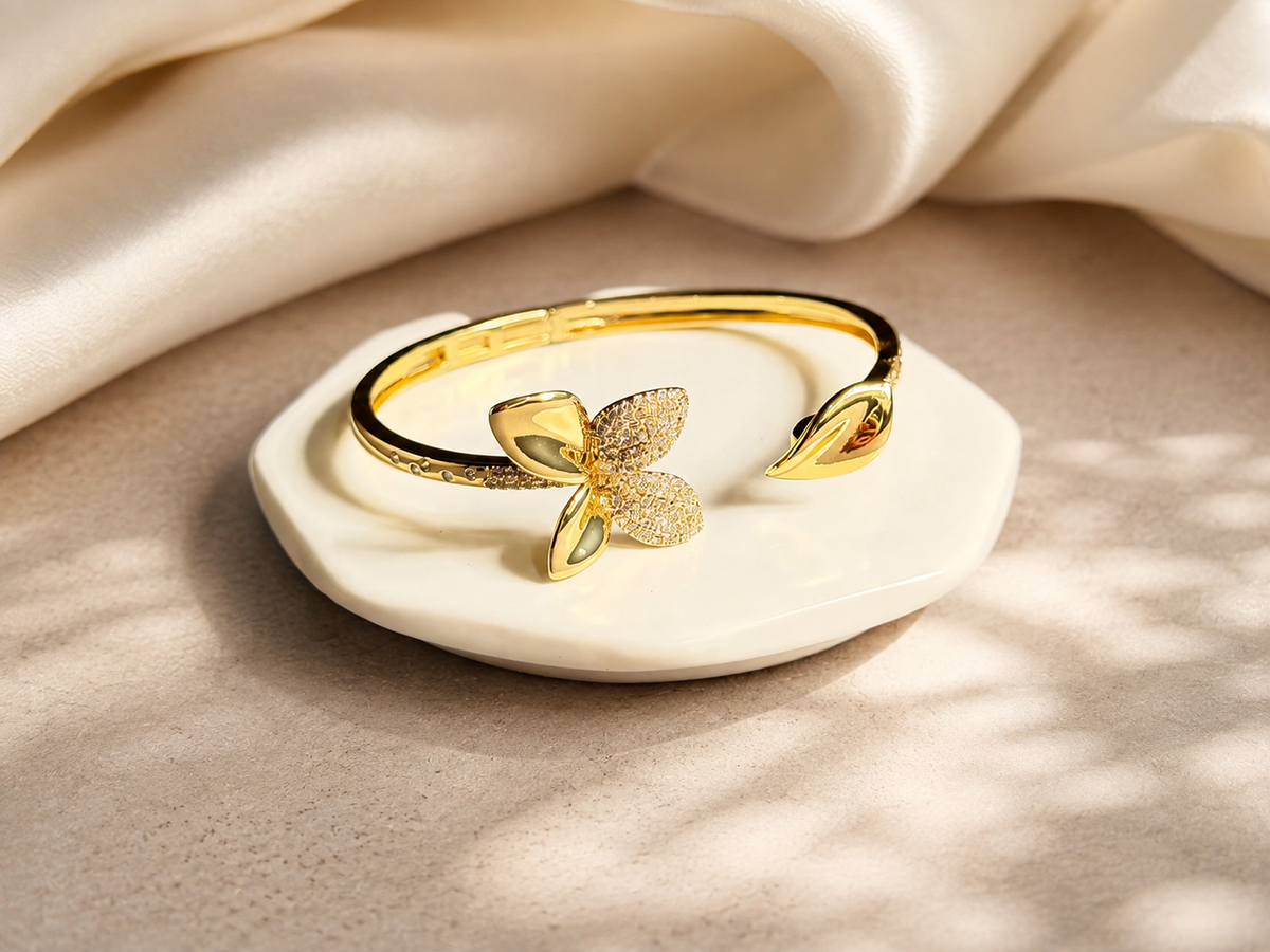 Gold Floral Design Open Cuff Bracelet