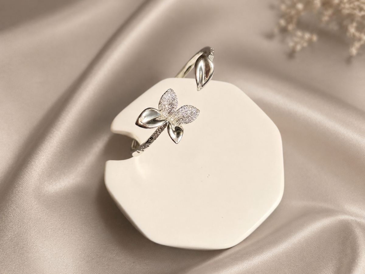 Silver Floral Design Open Cuff Bracelet