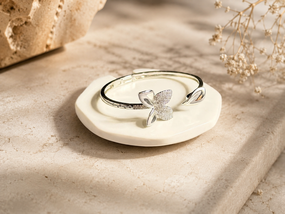 Silver Floral Design Open Cuff Bracelet