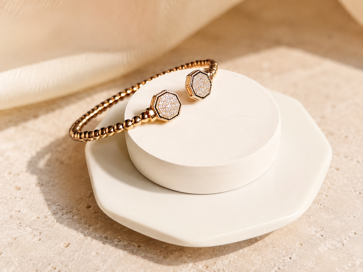 Rose Gold Hexagon Beaded Cuff Bracelet