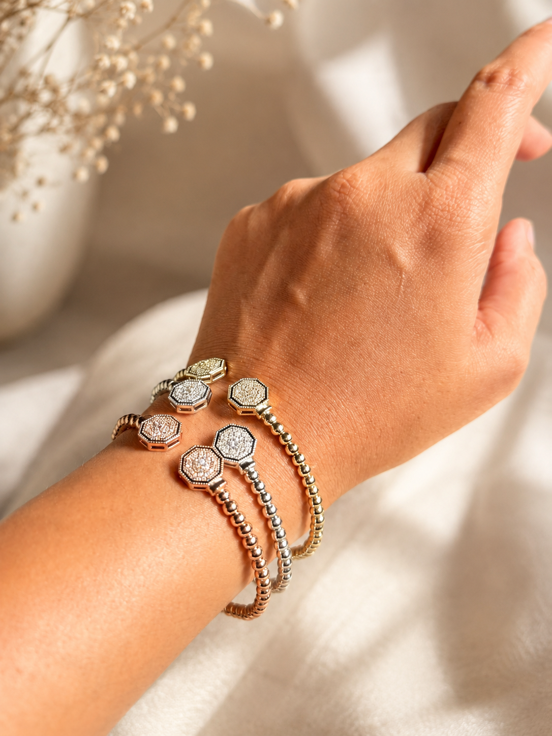 Rose Gold Hexagon Beaded Cuff Bracelet