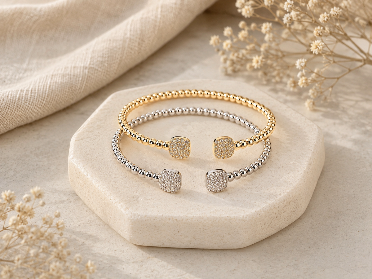 Silver Beaded Cuff Bracelet
