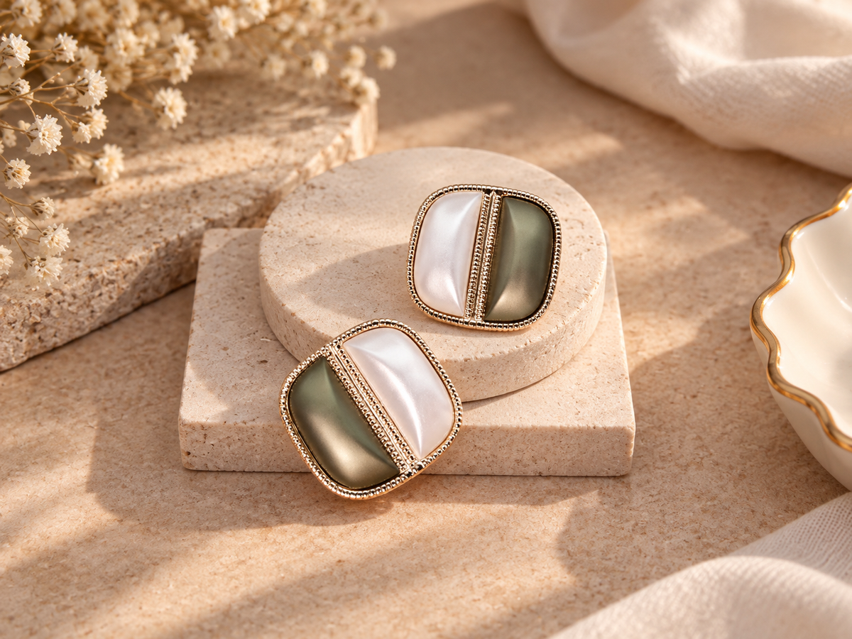 Green Geometric Statement Stud Earrings for Women
