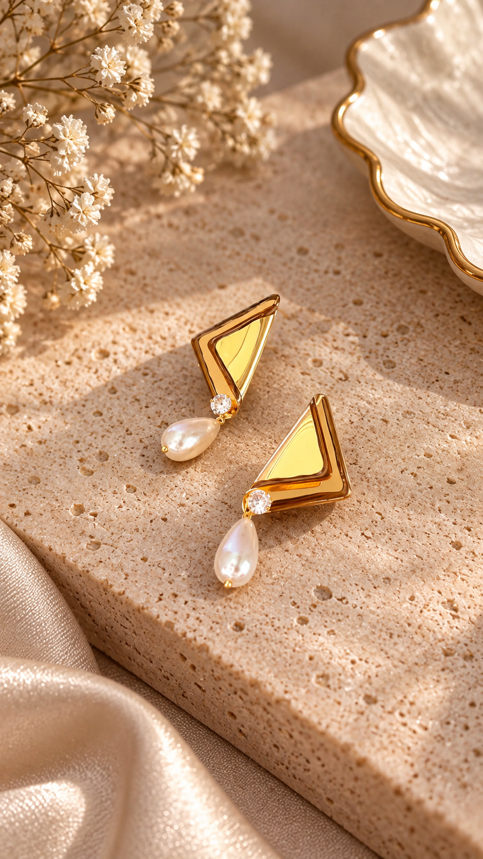 Geometric Triangle Drop Earrings with Pearl Accents