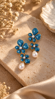 Blue Floral Pearl Droplet Earrings