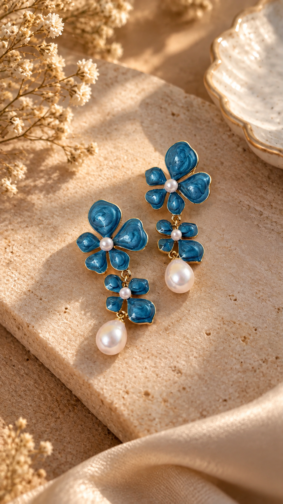 Blue Floral Drop Earrings with Pearl Accents