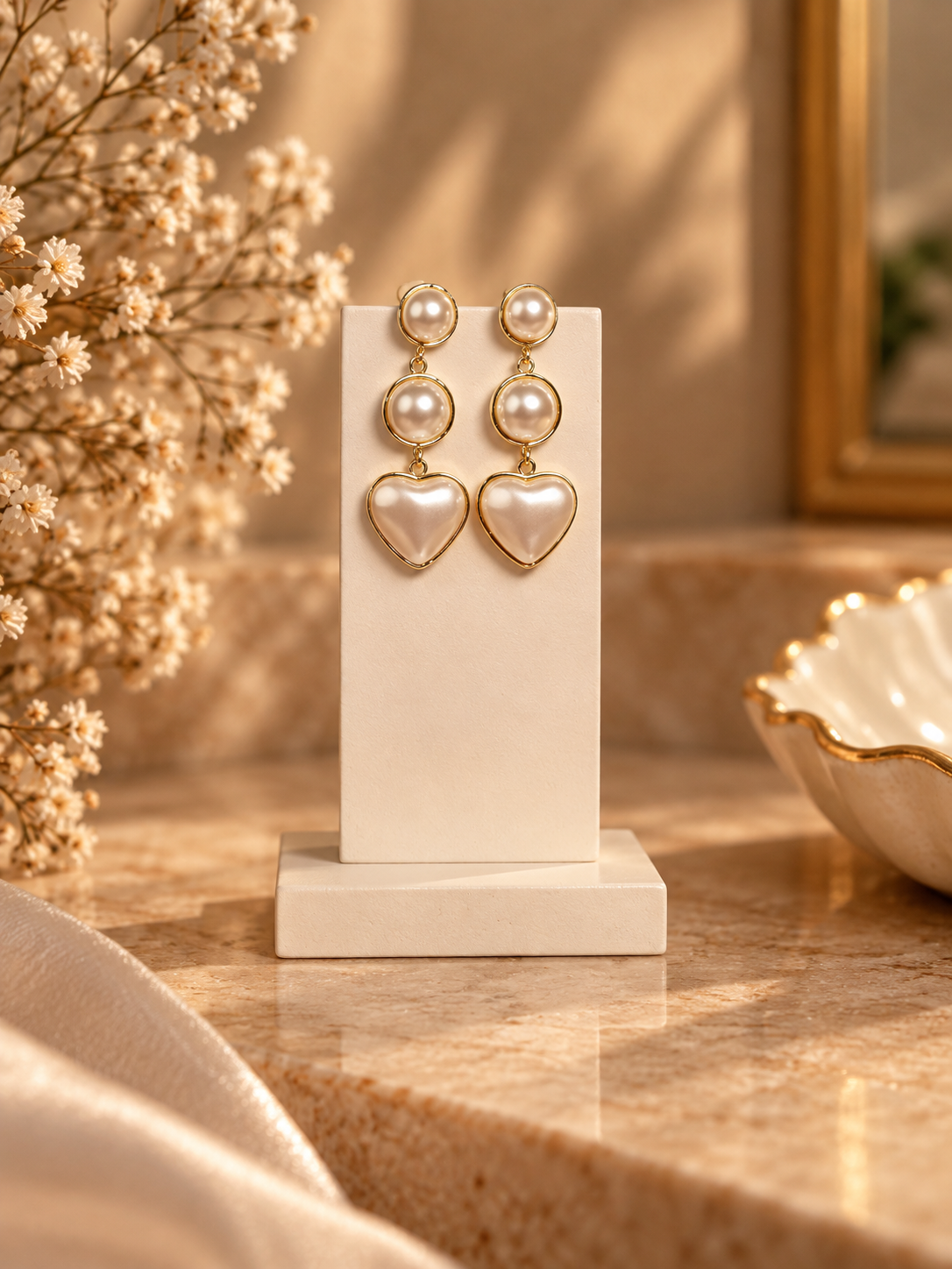 Elegant Heart Shaped Pearl Drop Earrings
