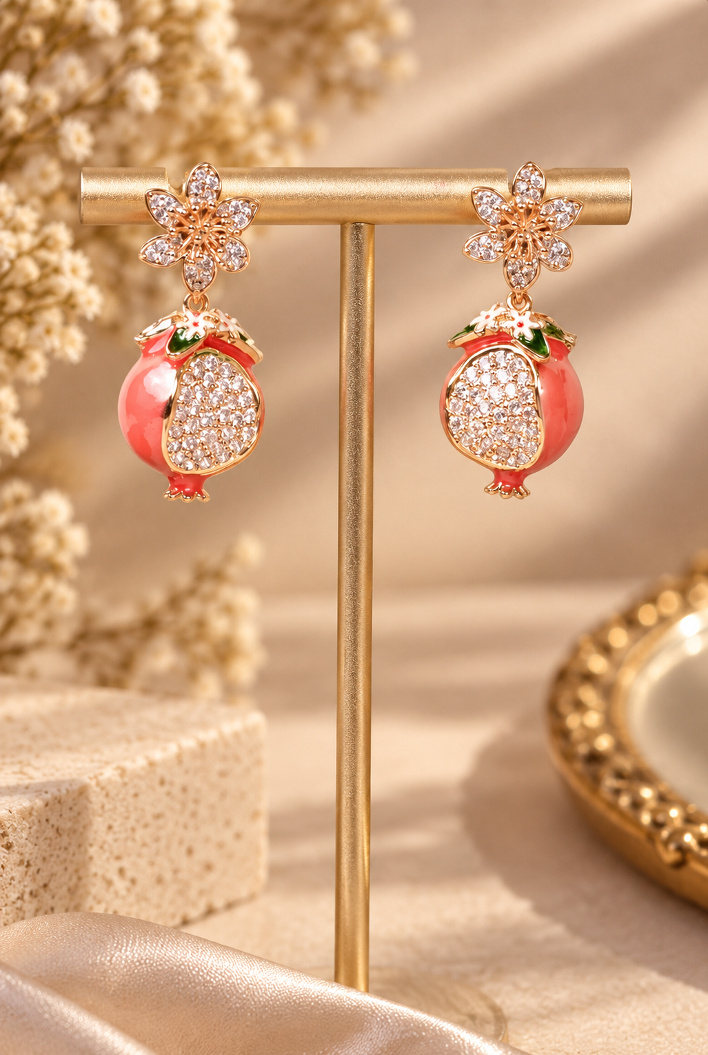 Elegant Floral Pomegranate Drop Earrings