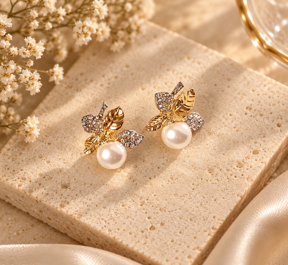 Elegant Floral Design Pearl Stud Earrings