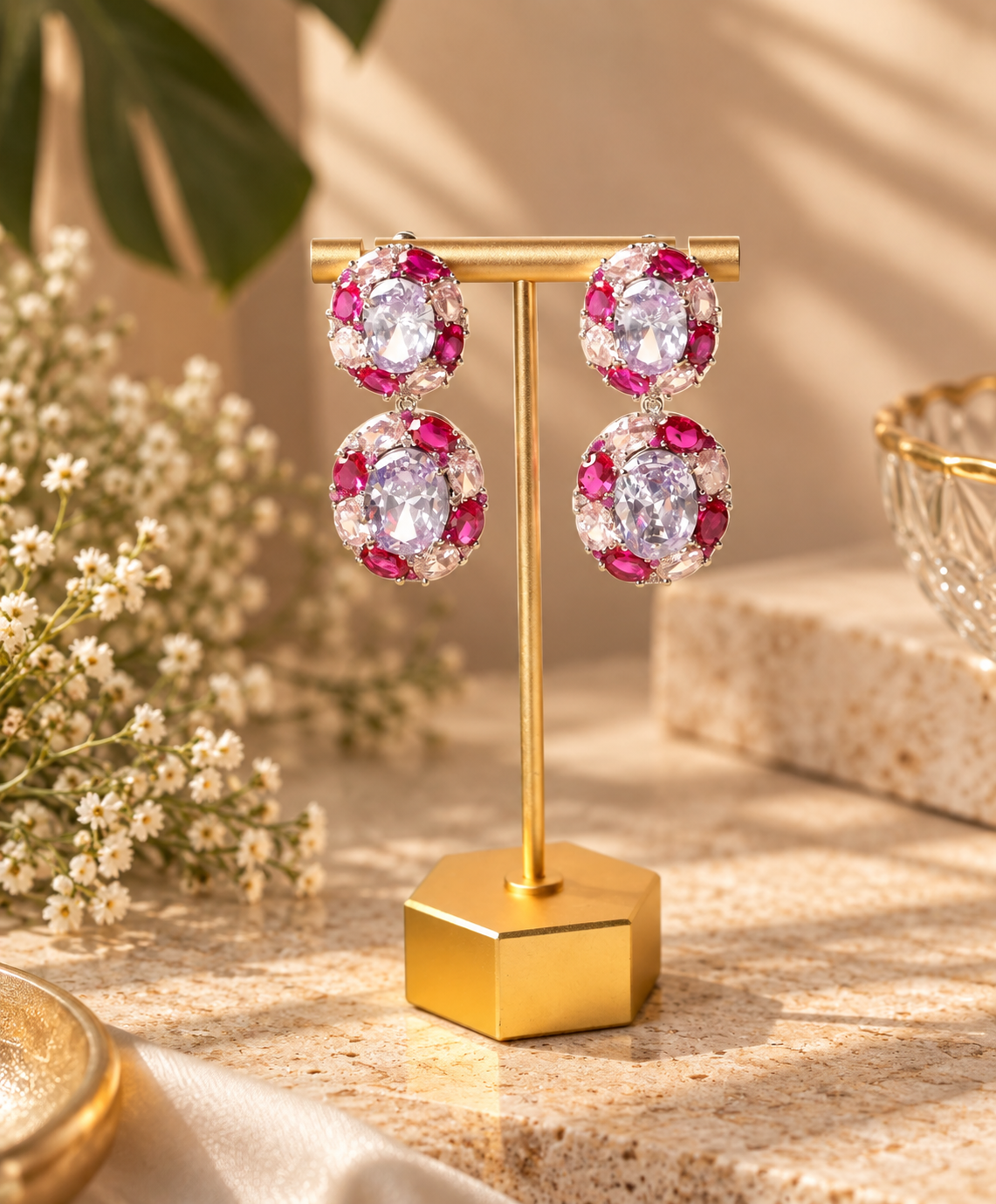 Pink Halo Double Drop Earrings