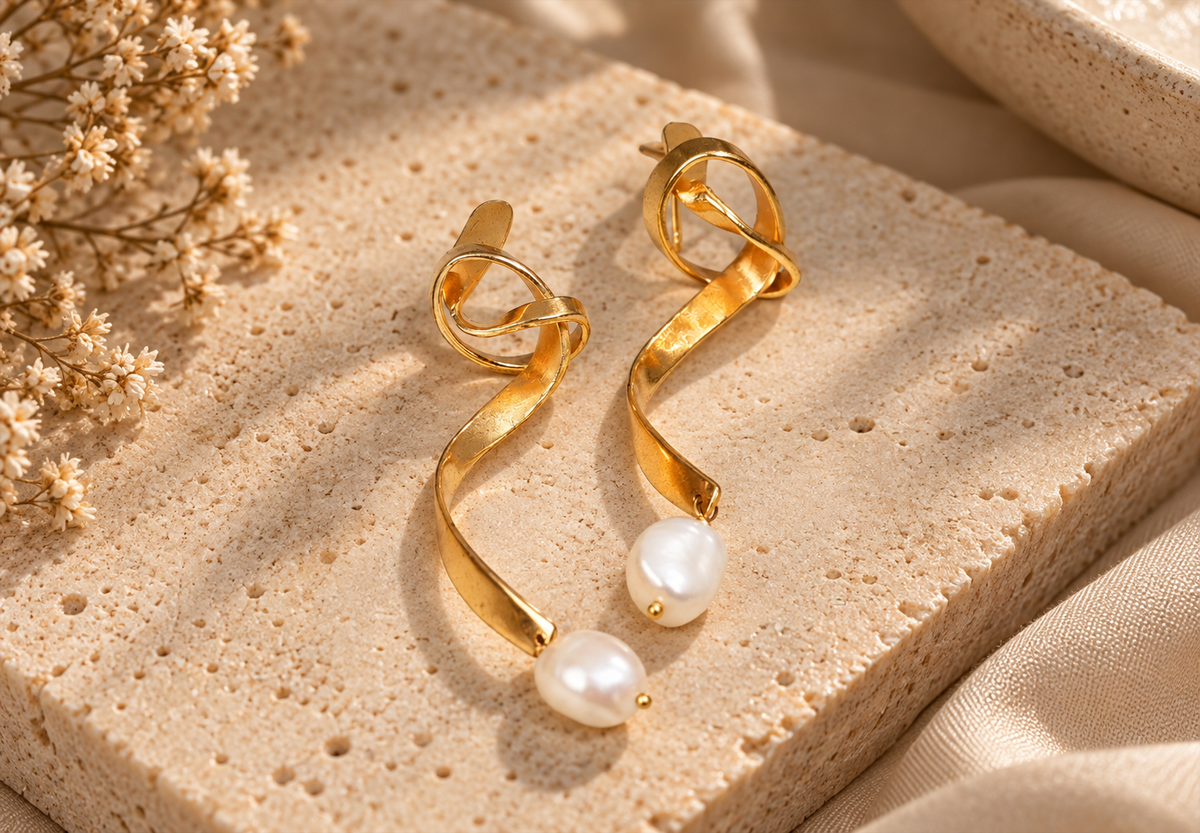 Elegant Twisted Metal Drop Earrings With Pearls