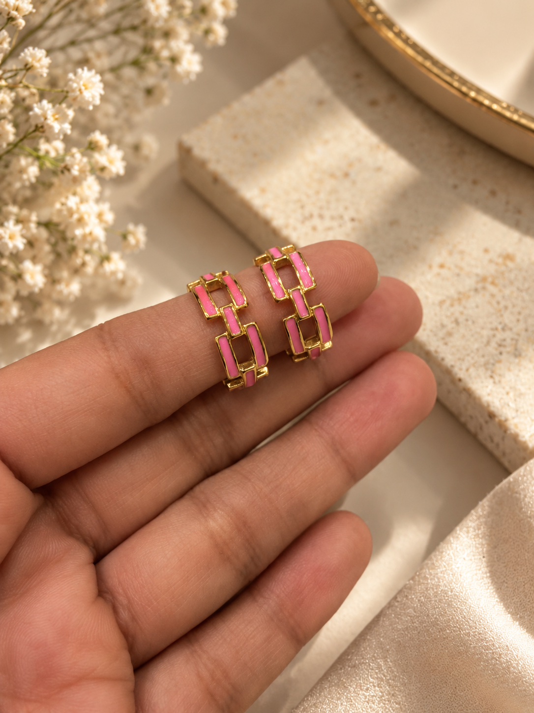 Pink Geometric Link Hoop Earrings