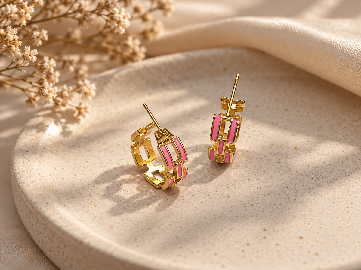 Pink Geometric Link Hoop Earrings