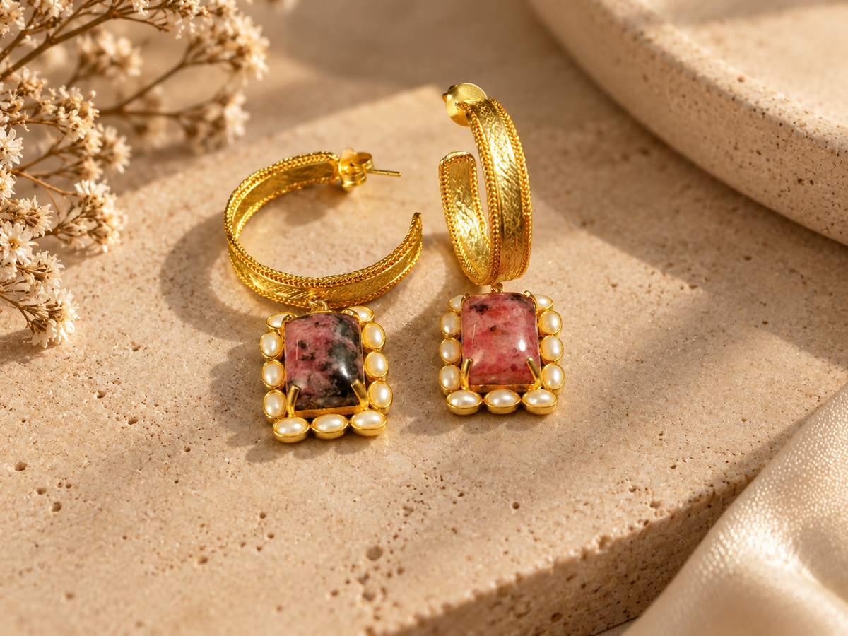 Textured Hoop Earrings with Decorative Stone Drops