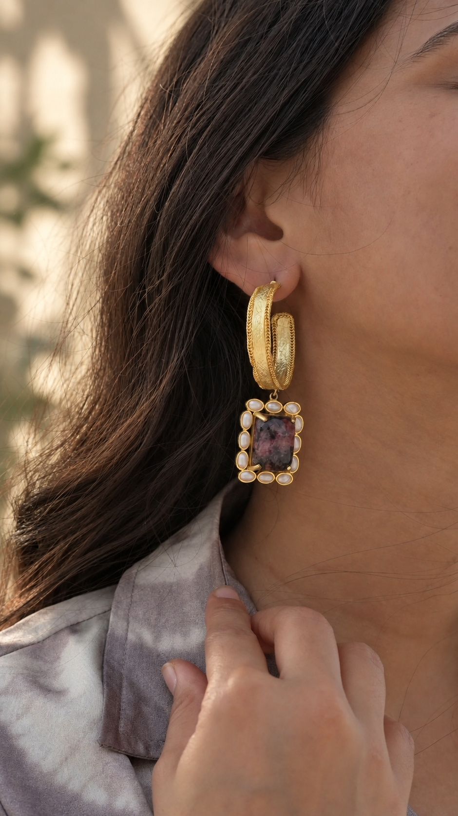 Textured Hoop Earrings with Decorative Stone Drops