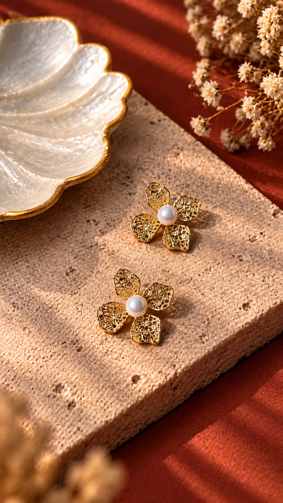 Metallic Net Flower with Pearl Accents Gold
