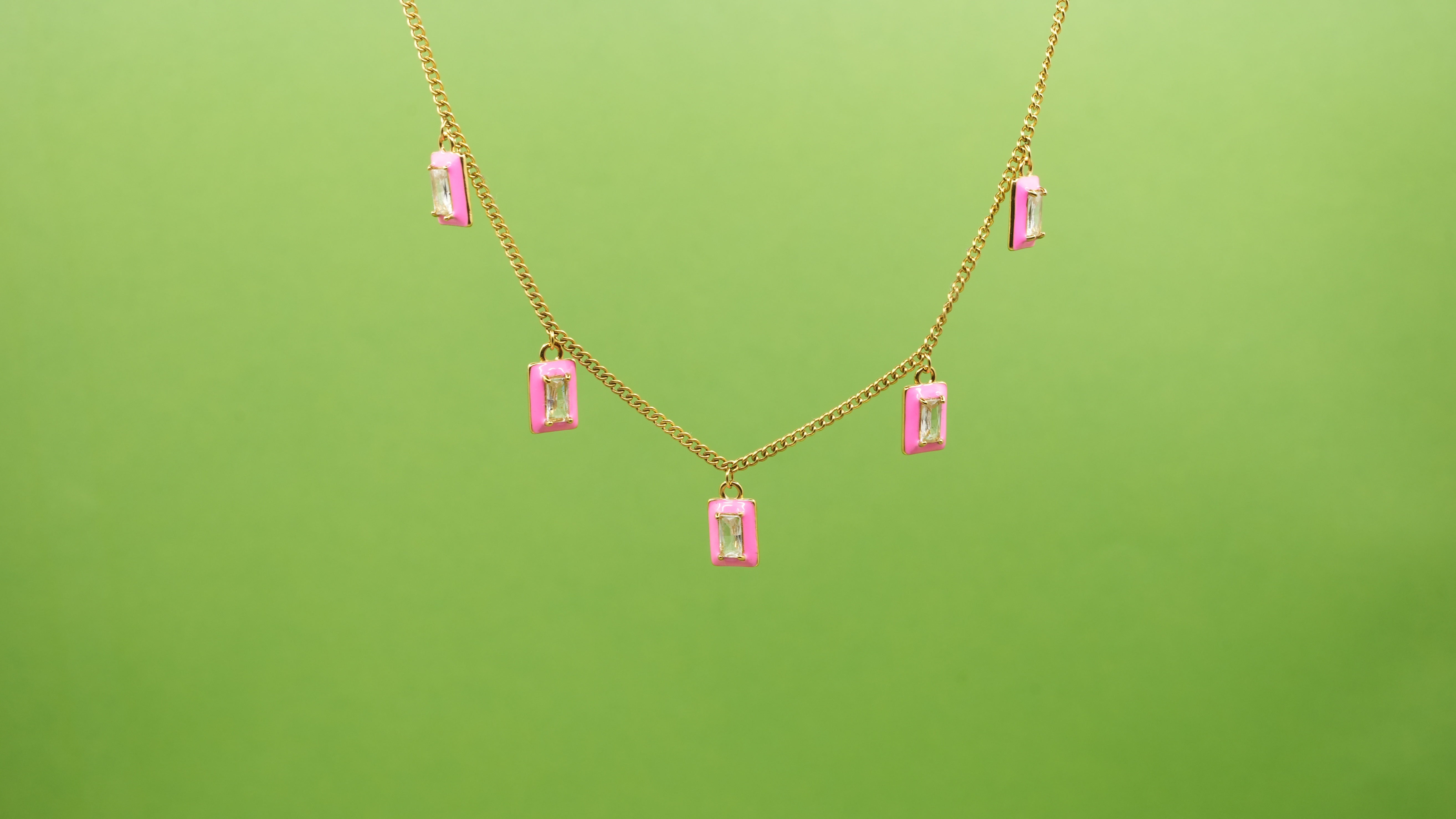 Rectangular Studded Charm Enamel Necklace Pink