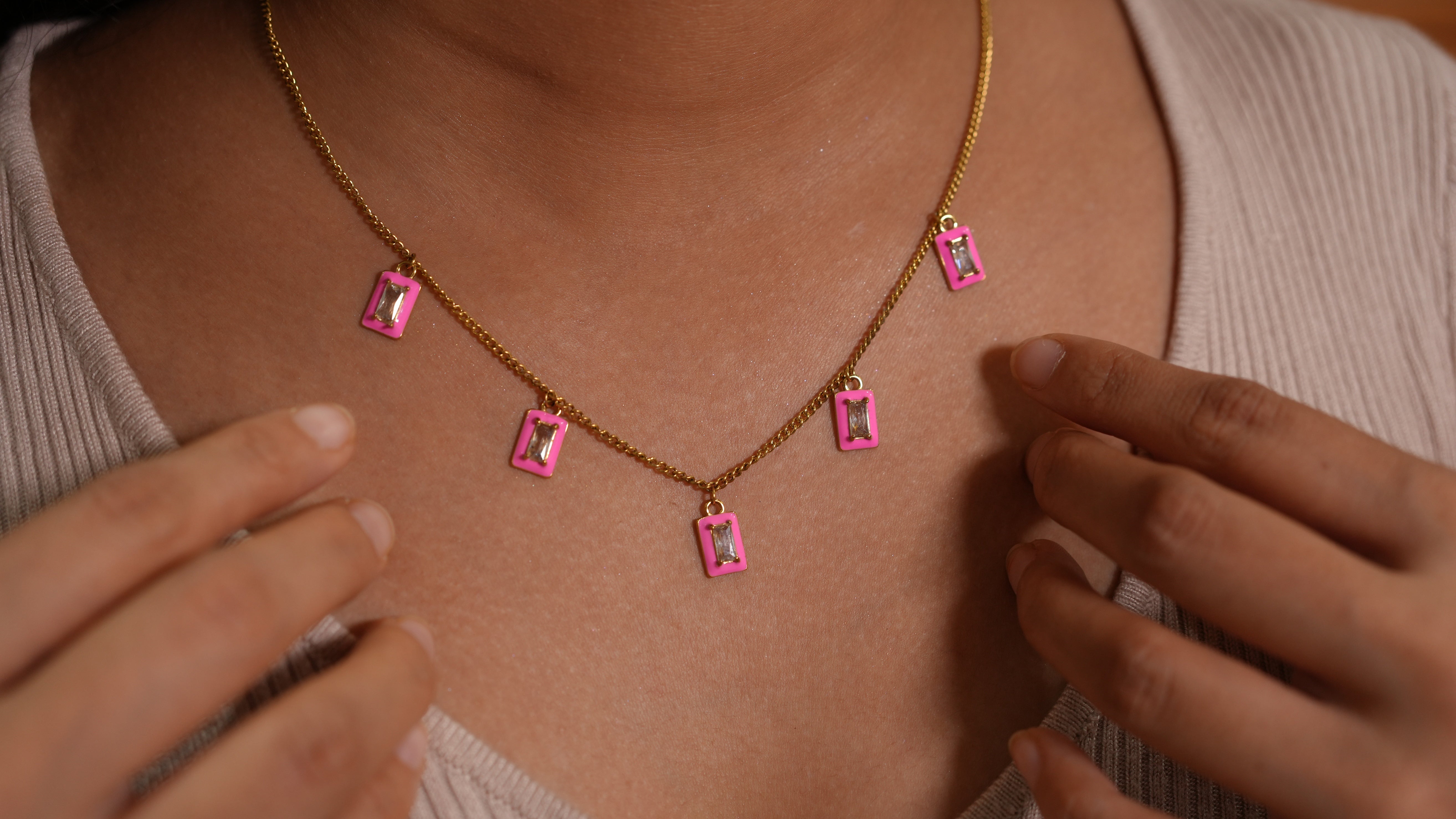 Rectangular Studded Charm Enamel Necklace Pink