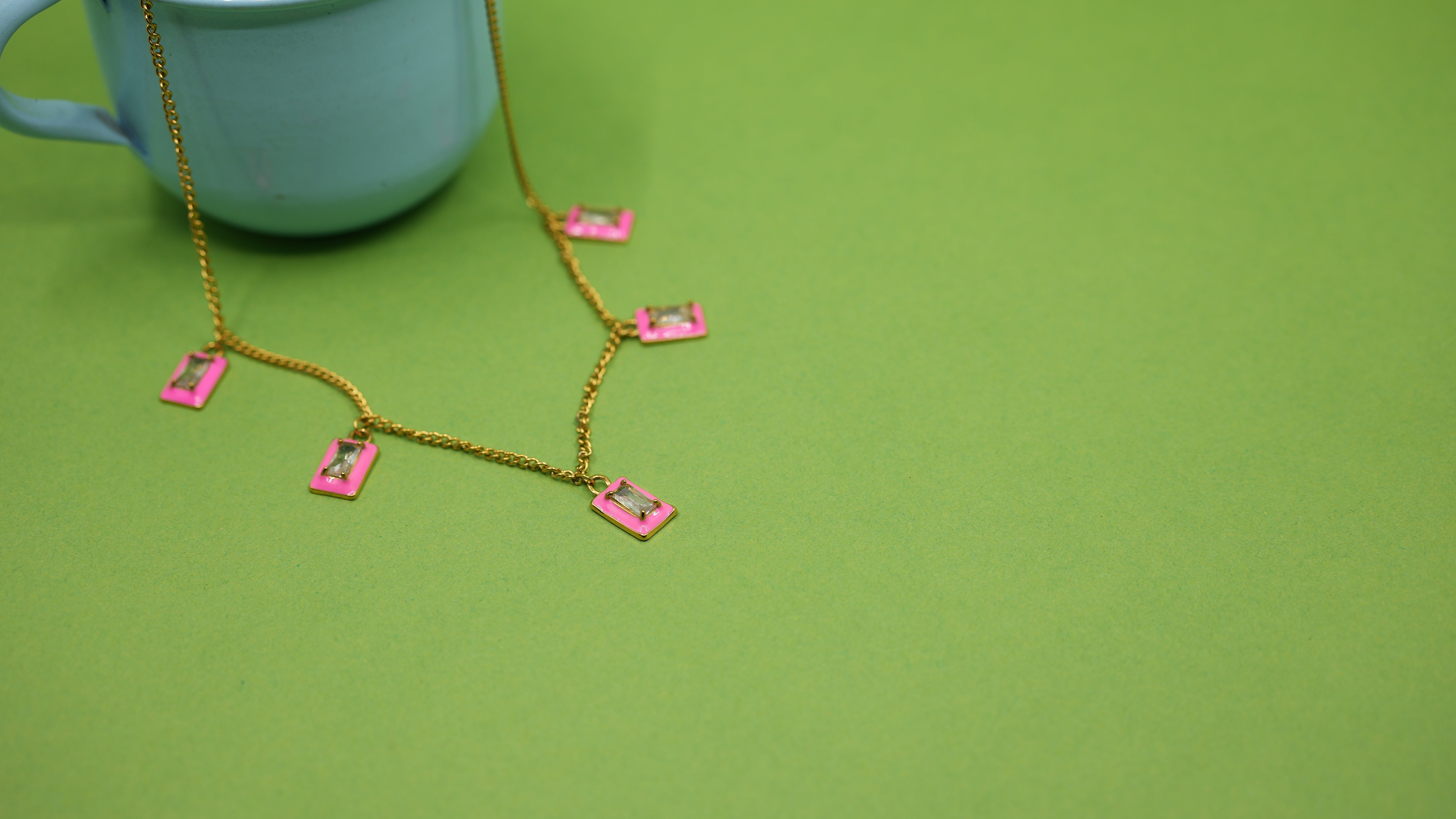 Rectangular Studded Charm Enamel Necklace Pink