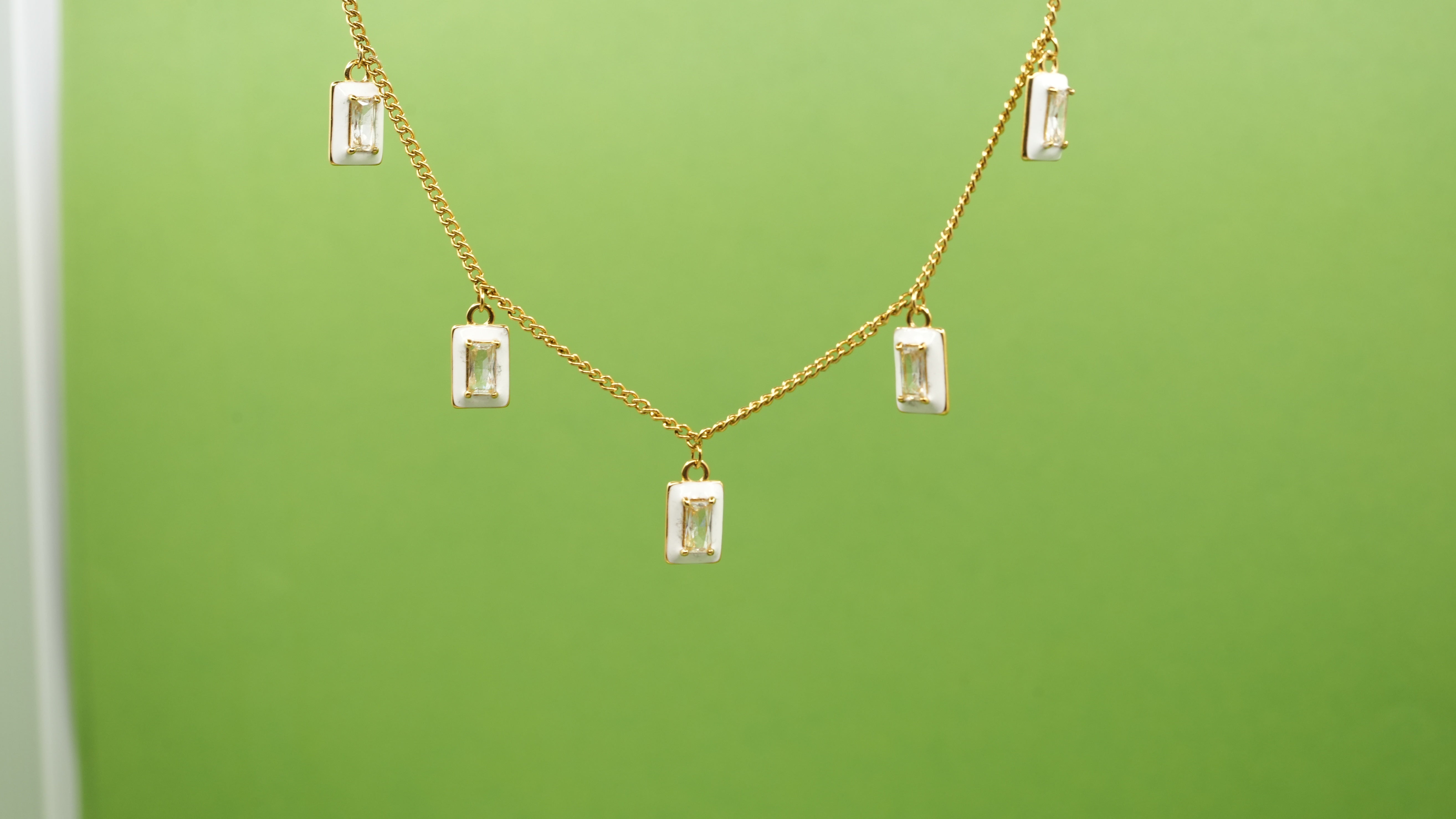 Rectangular Studded Charm Enamel Necklace White