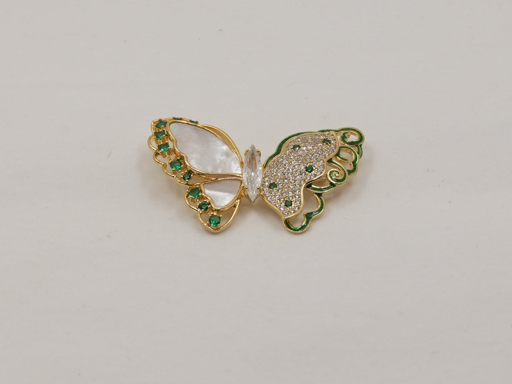 MOP studded green butterfly brooch