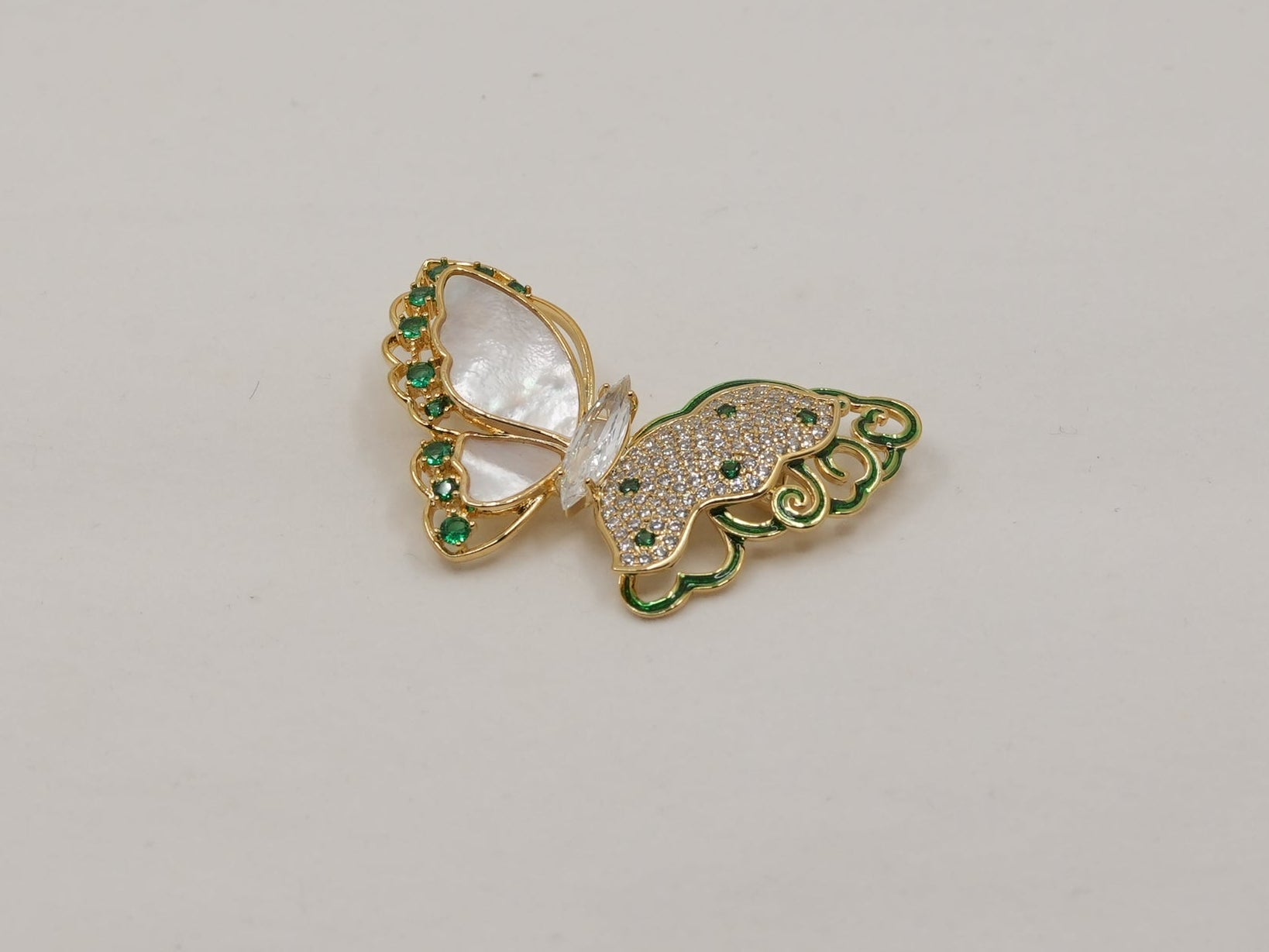 MOP studded green butterfly brooch