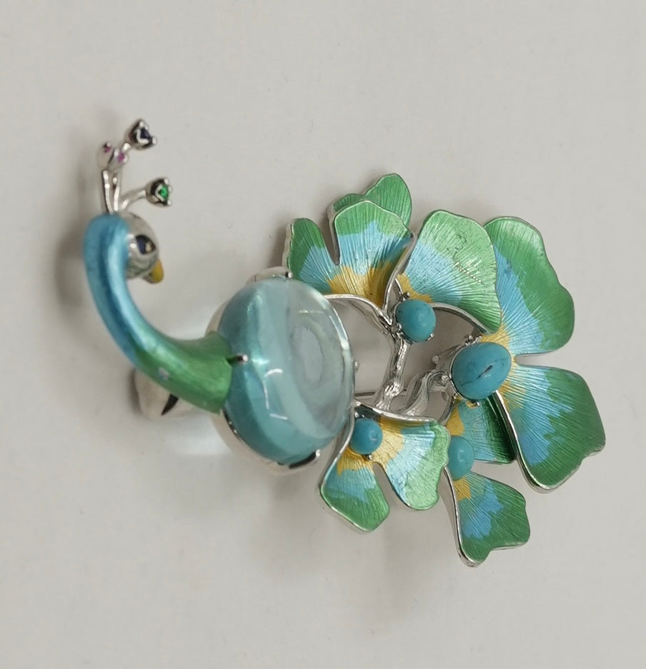 Peacock garden brooch