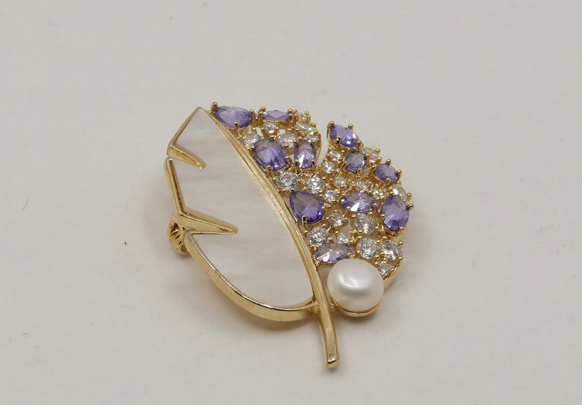 Crystal MOP leaf brooch