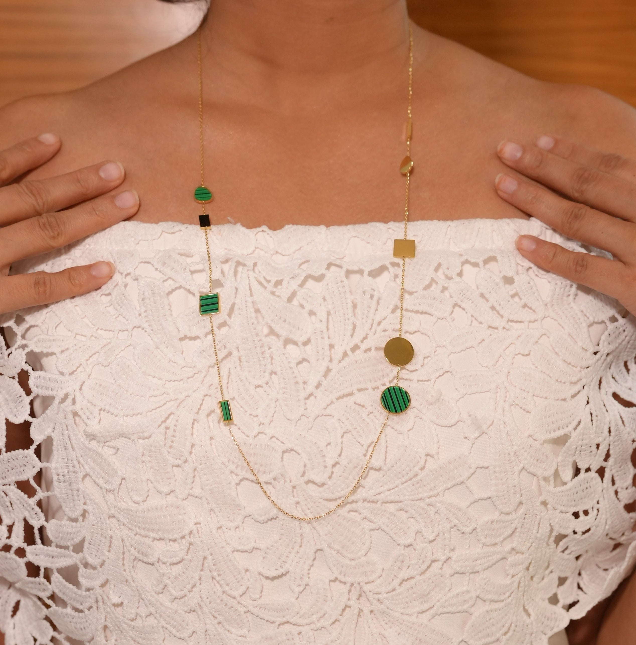 Green Dual Shaped Long Necklace