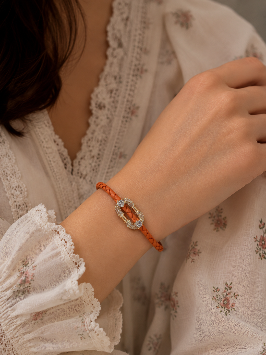 Orange Crystal Link Leather Bracelet