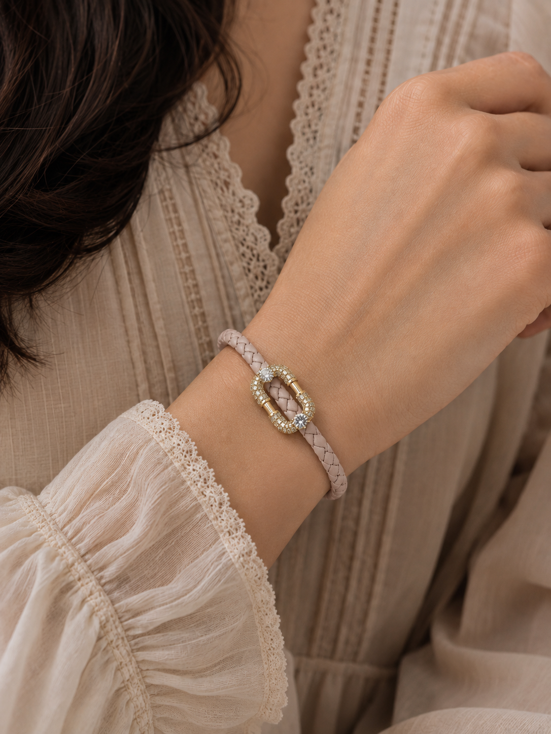 Nude beige Crystal Link Leather Bracelet