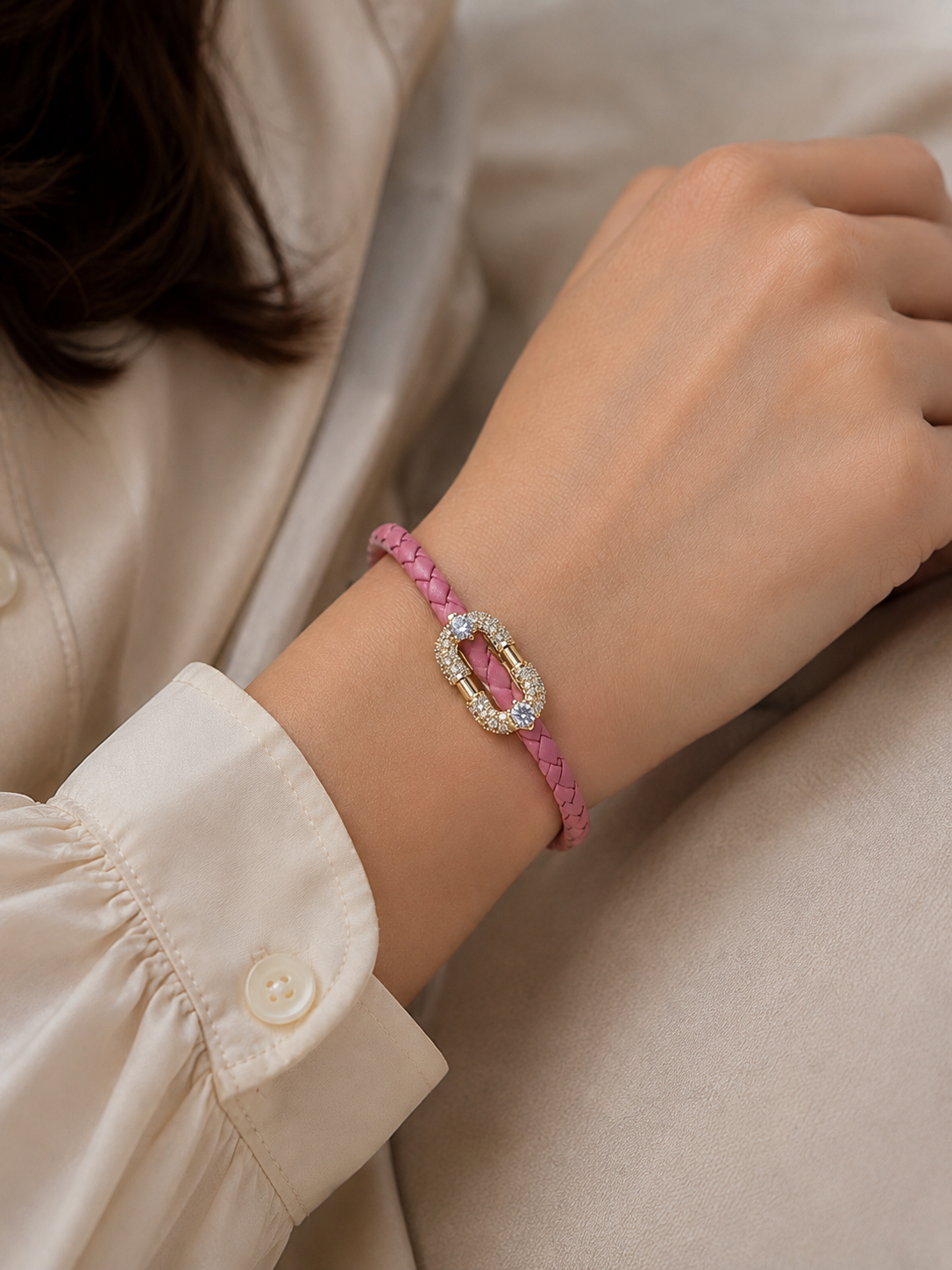 Pink Crystal Link Leather Bracelet