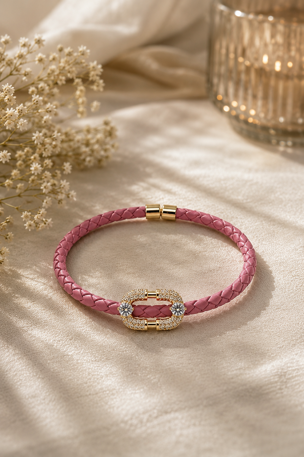 Pink Crystal Link Leather Bracelet