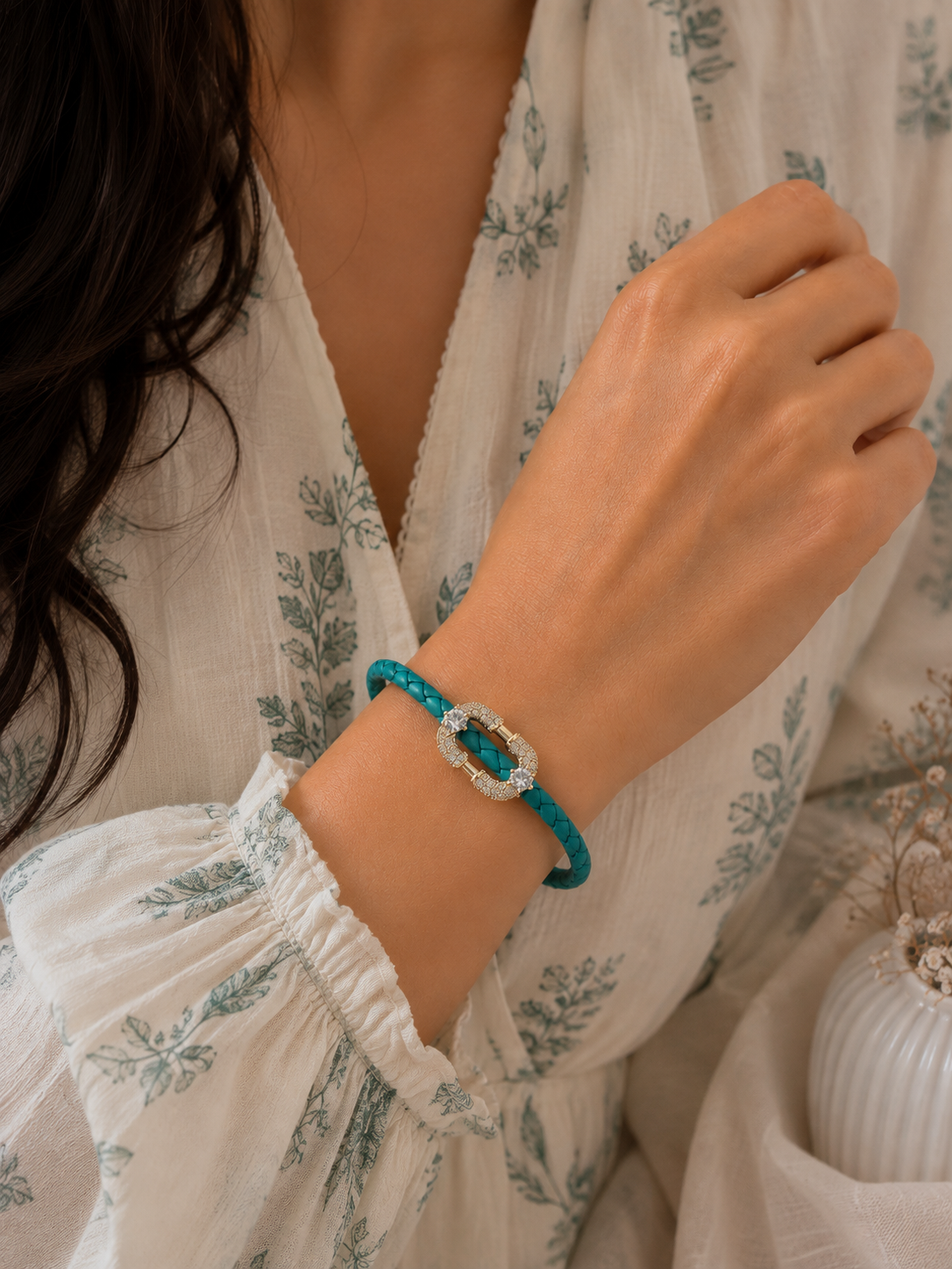 Aqua Crystal Link Leather Bracelet