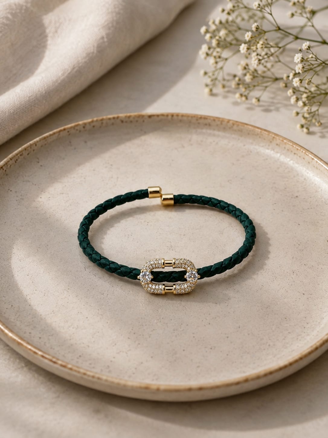 Olive Crystal Link Leather Bracelet